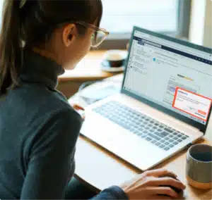 a woman working on her laptop with the for AI-powered phishing protection on screen